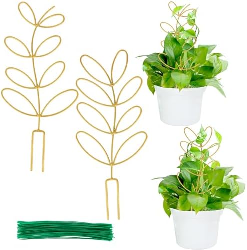 2 Pcs Gold Trellis Leaf Shape 12 Inch Metal Plant Support