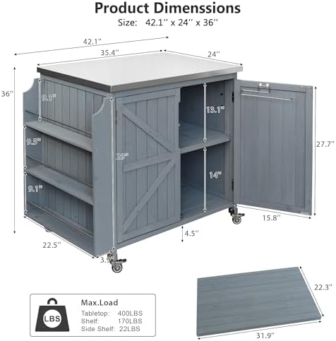 42.1" Outdoor Kitchen Island with Side Shelf,Patio Grill Cart with Storage,Stainless Steel Top, Adjustable Shelf and 4 Wheels,for Pizza Prep (Grey Blue-P)