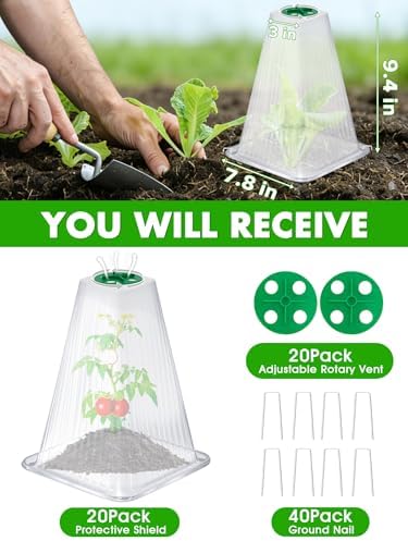 20 Pack Garden Cloches for Plants with 40 Ground Stakes and Rotary Vent