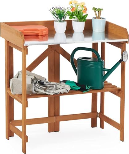 Folding Potting Bench Table, Outdoor Workstation with Galvanized Tabletop and Storage Shelf for Garden, Deck, Balcony, Easy Assembly