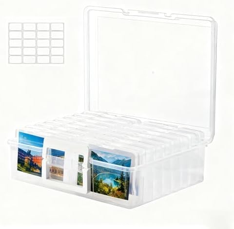 Photo Storage Box with 16 Inner 4" x 6" Photo Case, Portable Storage Organizer with Handle Craft Keeper for Picture, Stickers, Stamps, Screws, Hair Clips, Clear