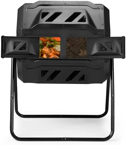 Outdoor Dual Chamber Compost Tumbler, 43 Gallon Black Rotating Batch Compost Bin with Sliding Doors for Garden Kitchen Yard