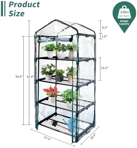 4 Tier mini Indoor Greenhouse Upgraded with Shelf Clips,27"x19"x62" Greenhouse for Indoors&greenhouses for Outdoors with PVC Cover and Roll-Up Zipper Door