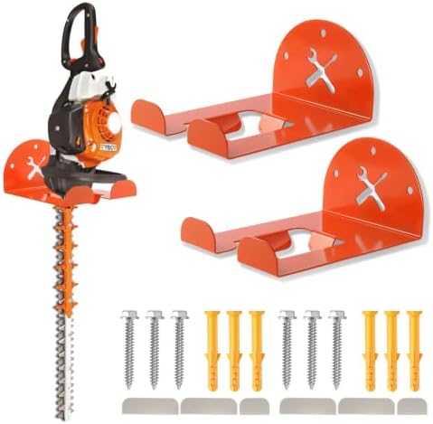 Upgraded Trimmer Rack Wall Mount - 8" Heavy Duty Weed Eater Hanger for Garage Wall, Garden Power Tool Holder Organizer Hooks for Grass Trimmer, Hedge Trimmer, Leaf Blower and Chainsaw, Orange, 2 Pack