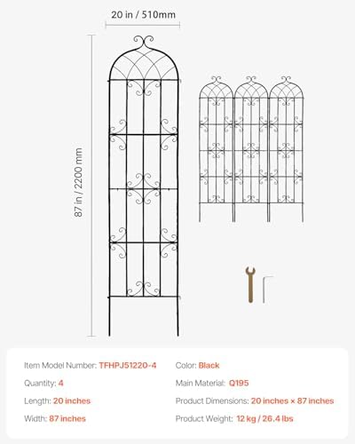 VEVOR Garden Trellis for Climbing Plants, 87 x 20 in, 4 Packs Rustproof Metal Garden Flower Trellis, Outdoor Climbing Rose Cucumbers Support, Decorative Clematis Trellis for Courtyards Lawns