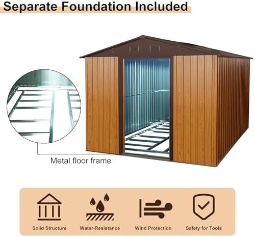 10 x 8 FT Outdoor Storage Shed, Metal Garden Shed with Floor Frame, Large Tool Shed Outdoor Storage with Lockable Sliding Doors & Air Vents, Storage House Waterproof for Backyard, Lawn, Coffee