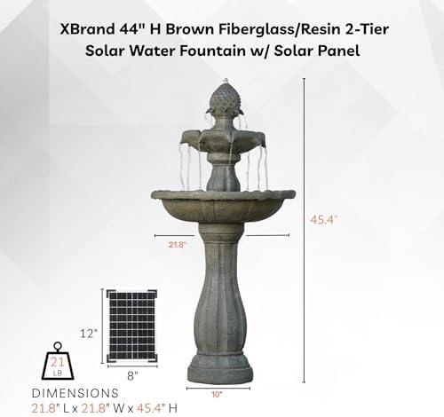 XBrand 44" Solar Powered 2-Tier Outdoor Water Fountain, Fiberglass Resin, with Solar Panel and Auto Shut-Off Pump, Brown