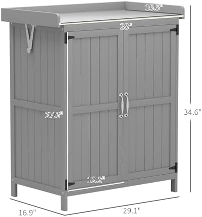 Wooden Potting Bench with Storage Cabinet, Outdoor Garden Tool Shed with Metal Tabletop & Shelf, 29.1" W X 16.9" D X 34.6" H