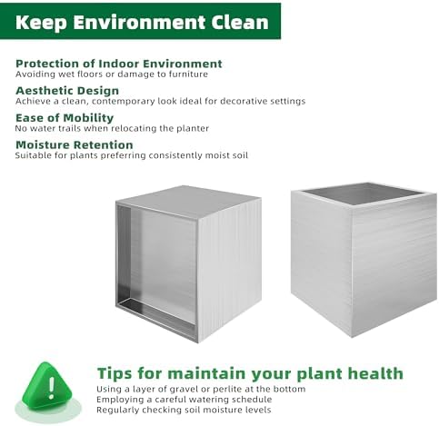 11.8 Inch Square Planter, Modern Indoor Outdoor Large Stainless Steel Plant Pot and Plant Caddy with Wheels for Home Patio Garden, Easy to Clean and Move