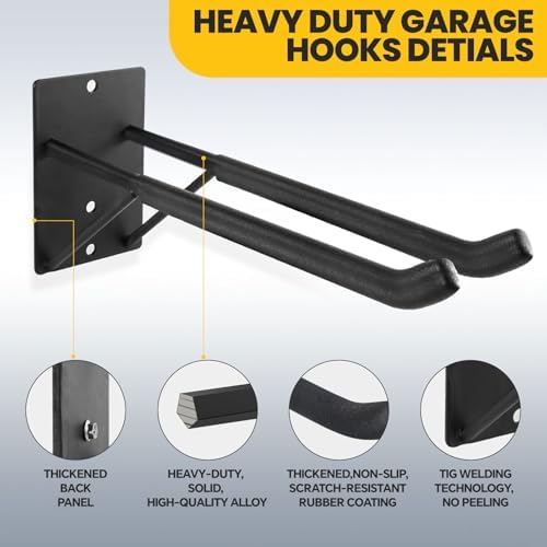 14" Large Heavy Duty Garage Hooks, Steel Garage Storage Hooks with Support Rods, Utility Wall Mount Hangers for Power Tools, Car Tires, Ladders, Chairs, Garden Tools and More (4-Pack 14" Heavy Hooks)