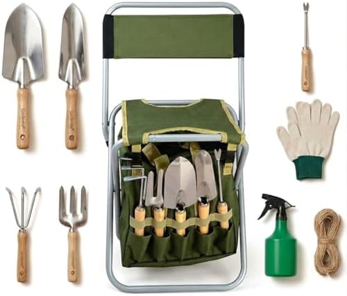 10-piece Gardening Tool Set with Zippered Detachable Tote and Folding Stool Seat with Backrest