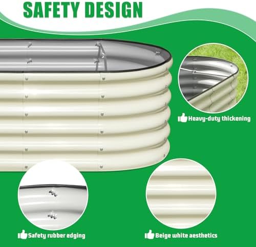 4x2x1.5ft Raised Garden Bed Outdoor, 17" Tall Galvanized Metal Planter Box, Oval Raised Garden Bed Kit for Planting Vegetables Plants Fruits, Beige White