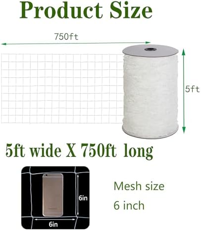 Toolazy Trellis Netting 5 x 750 ft - Heavy Duty Nylon Garden Netting with 6 Inch Mesh, Soft Plant Support Net for Tomatoes, Cucumbers, Peas, Vine Climbing Vegetables, Indoor Outdoor Greenhouse