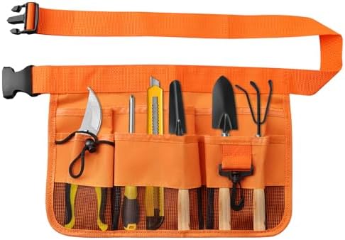 Gardening Tool Waist Bag Belt Heavy Duty Oxford Tool Apron with 7 Pockets of Different Sizes and Depth (Orange)