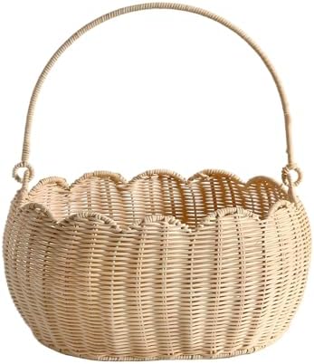 Scalloped Round Basket with Handle, Super Sturdy Wicker Storage Baskets, Hand Woven Basket for Shelves,Natural Baskets for Organizing (White Rattan 12.6"*9"*6.1")