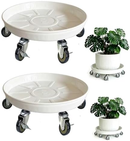 Heavy Duty Plant Caddy(430lbs Capacity), Rolling Metal Plant Stand with Brake Wheels Plant Dolly Planter Mover Plant Pot Tray Saucer for Indoor Outdoor 16 Inches White 2Pack