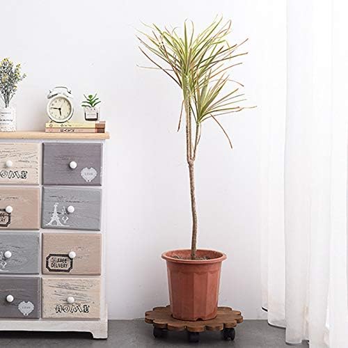 TITA-DONG 8 Inch Rolling Wooden Planter Caddy, 2 Pack Heavy Duty Movable Flower Type Pot Stand, Rustic Round Plant Pot Stand with Wheels for Indoor Outdoor Home Garden
