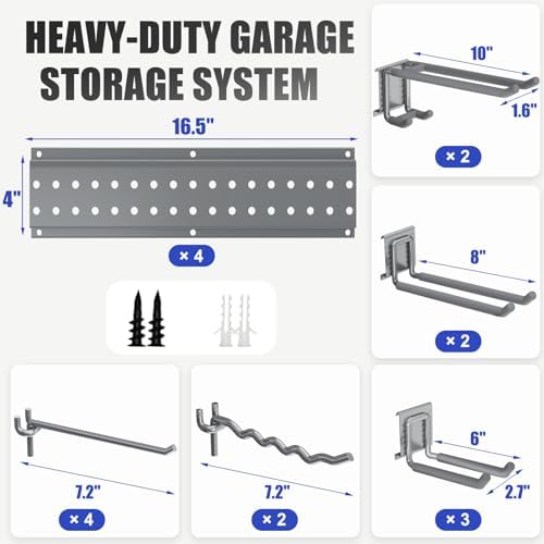 Garage Tool Organizer Wall Mount 66 inches with 13 Adjustable Heavy-Duty Hooks, Garage Organization, Garden Tool Storage Rack, Yard, and Shed, Holds Up to 520 lbs (Grey)