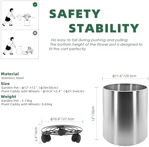 11.8 Inch Dia Round Planter, Modern Indoor Outdoor Large Stainless Steel Plant Pot and Plant Caddy with Wheels for Home Patio Garden, Easy to Clean and Move