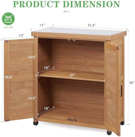 Outdoor Potting Bench with Storage Cabinet and Metal Top, Wood Workstation for Outdoor Patio, Garden (Light Brown, 31x17x36‘’)