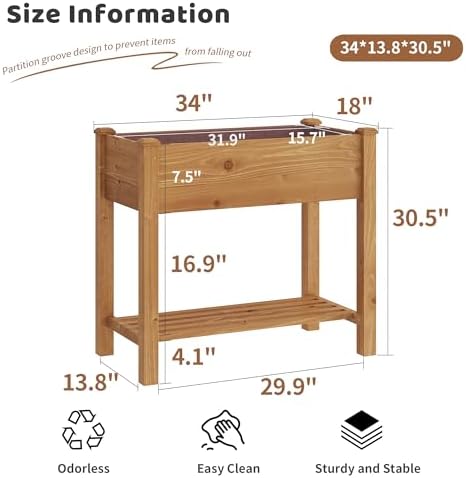 Raised Garden Bed with Legs Elevated Wooden Planter Box Stand Large Planter Stand Box for Fruits Vegetables Flowers with Divider with Bag - 34x18x30.5IN（Brown）
