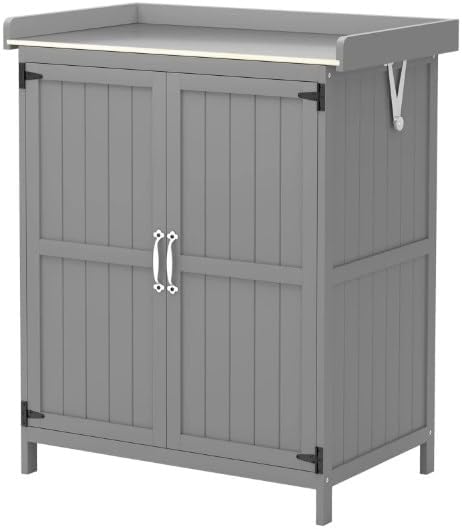 Wooden Potting Bench with Storage Cabinet, Outdoor Garden Tool Shed with Metal Tabletop & Shelf, 29.1" W X 16.9" D X 34.6" H