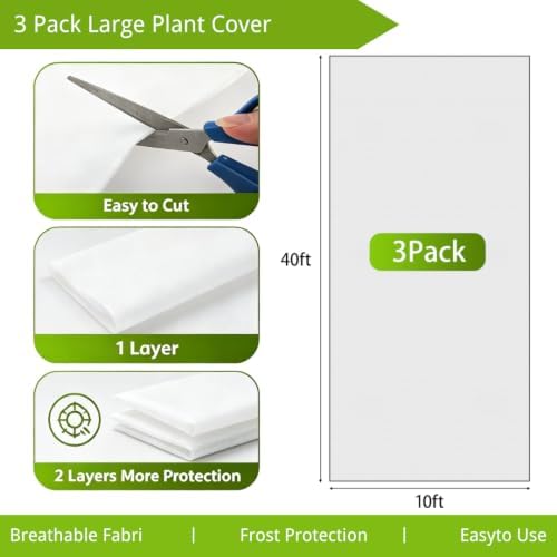 3-Pack 10Ftx40Ft Frost Cloth Plant Covers Freeze Protection 1.05oz Reusable