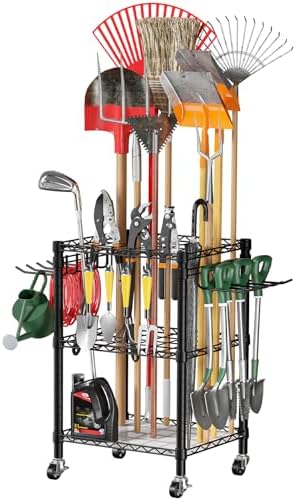 T1 Garden Tool Organizer（With Lockable Wheels）Heavy Duty Garage Tool Storage for Yard，Shed，Outdoor and Lawn，Freestanding Tool Organizers and Storage UP to 50 Tools，Black with Anti-Tip Device
