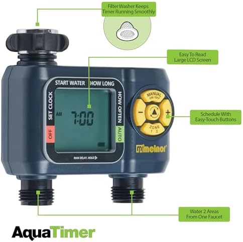 Melnor 65139AMZ AquaTimer Digital Hose Timer, 2-Zone Programmable Watering Timer, Quick Connect Bundle, Black, Yellow