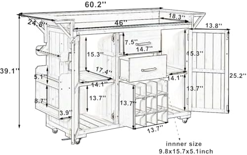 Modern 60.2''W Outdoor Kitchen Island with Wheels,Rolling Patio BBQ Cart with Stainless Steel Top,Wood Grill Cart with Spice Rack&Wine Rack,2 Drawers (Brown-T)