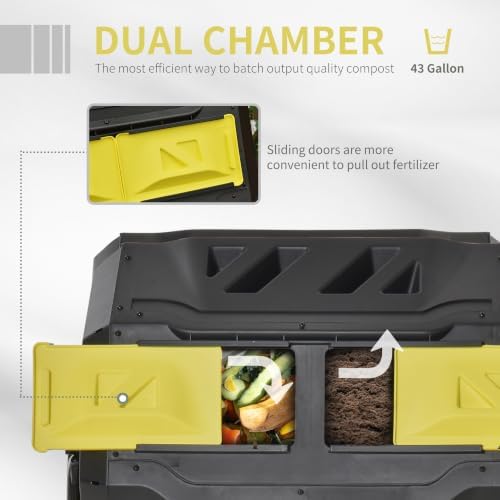 Outsunny Tumbling Compost Bin 360° Dual Chamber 43 Gallon, Yellow