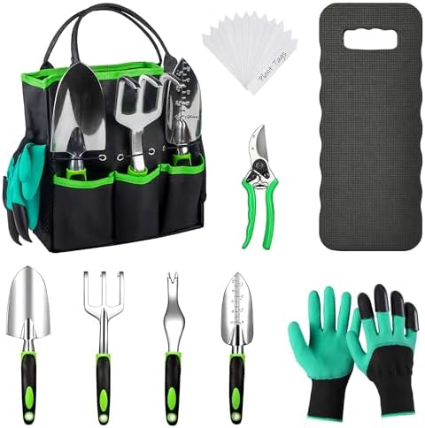 Gardening Tools Set, 23-Piece Heavy Duty Ergonomic Garden Hand Tools with Storage Tote, Knee Pad & Protective Gloves - Ideal Gardening Gifts for Women, Men & Gardeners