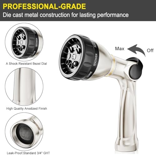 FANHAO Metal Thumb Control Garden Hose Nozzle Heavy Duty, 8 Spray Patterns