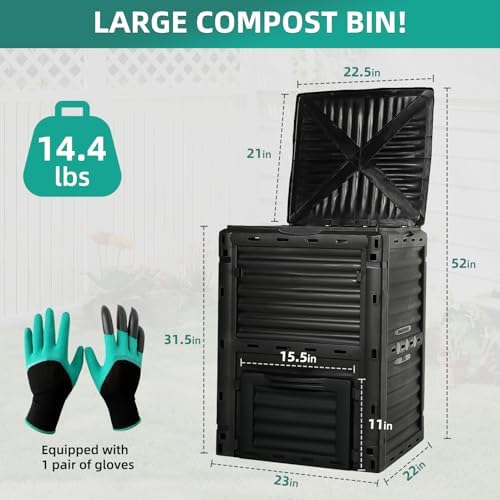 80 Gallon Large Compost Bin Outdoor - 300L High Capacity Composter with Top Flip Latch Lid - BPA-Free Heavy Duty Garden Waste Bin for Kitchen Scraps & Yard Waste - Easy Assembly, Black