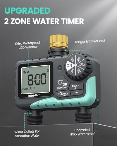 RAINPOINT Sprinkler Timer 2 Outlet, Water Timer for Garden Hose, Programmable Drip Irrigation for Yard Outdoor Watering, Rain Delay/Manual/Automatic