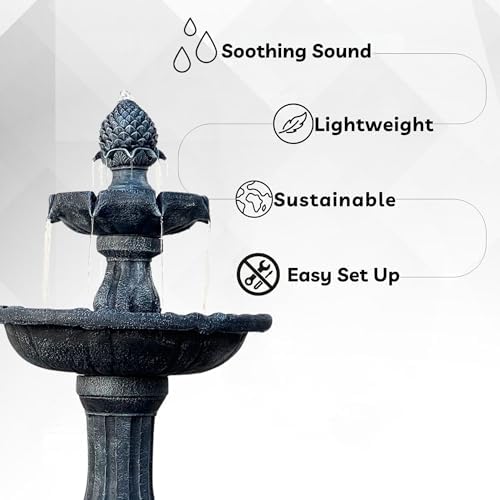 XBrand 44" H Gray Fiberglass/Resin 2-Tier Solar Water Fountain w/Solar Panel and Auto-Shut Off Pump, Solar Garden Fountain, Tall Outdoor Fountain, Two Tiered Birdbath Fountain