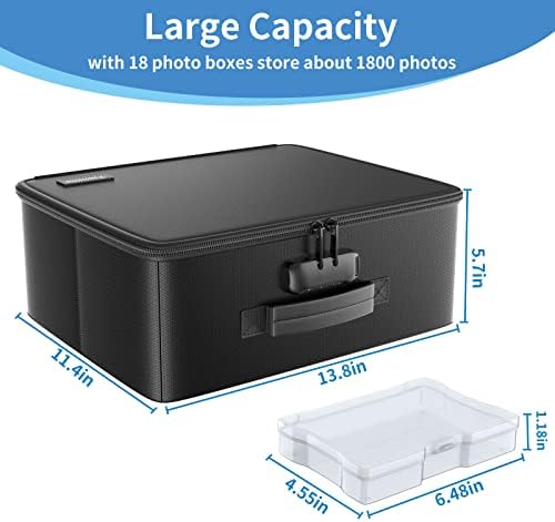 Fireproof Safe Photo Storage Box with 18 Inner 4" x 6" Clear Photo Cases, Portable Photo Organizer with Lock for Picture, Collapsible Photo Container with Handle and 18 Boxes 4 Sheet Label Stickers