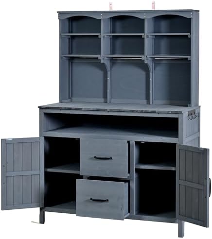 Large Fir Wood Potting Bench, 45.3''L Multi-Functional Outdoor Patio Kitchen Island with Hutch,Drawers & Hooks,Large Countertop for Gardening, Grill (Gray-1)