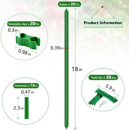 Sturdy Garden Stakes 18 Inch SupKing DIY 3/4/5/6/7ft Tomato Support Stake Green Plastic Coated Metal Tall Plant Stick Poles Plants Trellis for Indoor Outdoor Climbing Cucumber Chili Eggplant-20 Packs