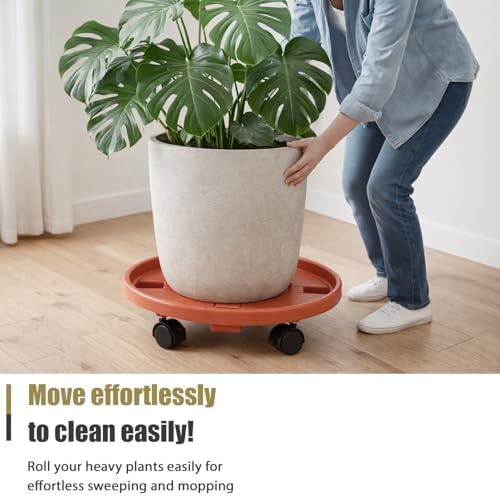4-pack 16" Extra-large Plant Caddy with Wheels Plastic Plant Dolly with Casters Flower Pot Mover Rollers Wheeled Rolling Plant Stand Round Plant Saucer Indoor Outdoor Base Coasters, Terracotta red