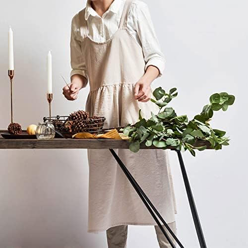 Cotton Linen Apron Cross Back Apron for Women with Pockets Pinafore Dress