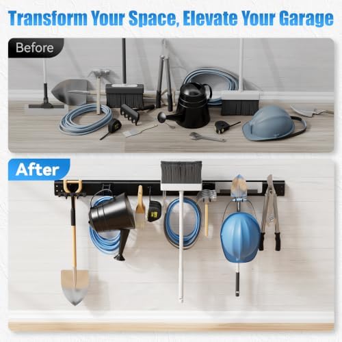 49.5" Garage Tool Organizer Wall-Mounted, Heavy Duty Garage Wall Organizer with 10 Adjustable Hooks, Garden Tool Storage Rack, Holds Up to 400 lbs