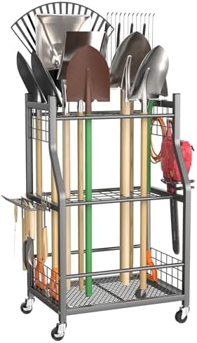 TORACK Garden Tool Organizer with Wheels, Rakes Shovels Yard Tools Stand
