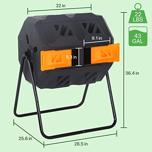 43 Gallon Outdoor Compost Bin Large Tumbling Composter Garden Dual Composting Bins with Dual Chamber Sliding Doors & Aeration System for Garden Patio, All Season Composter, Orange Door