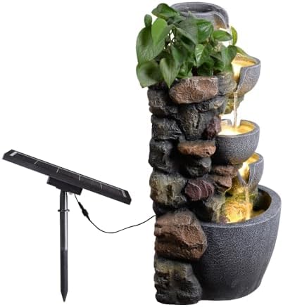 24'' Stacked Rock Solar Powered Water Fountain, Outdoor DIY Planter Pot Waterfall Fountain with LED Lights, Water Feature Landscape Decor for Garden, Patio, Backyard, Home Decoration
