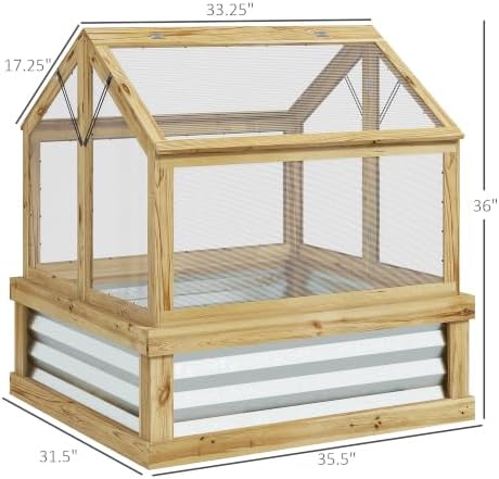 Outsunny Wooden Raised Garden Bed with Polycarbonate Greenhouse, Natural