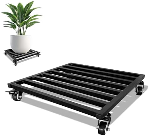 16x 16 inches Plant Caddy with Wheels Upgraded Lockable Heavy Duty Trolley Suitable for Indoor Outdoor Large Plant Pots Parasol Stands and Bases or Plant Stand Metal Square Black