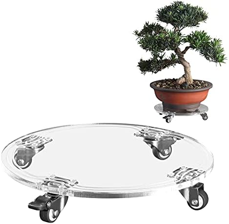 1PC Plant Caddy 10inch Acrylic Heavy Duty Round Plant Stand with 2 Roller Lockable Caster Wheels,Indoor Outdoor Holds Up 150 Lbs Patio/Flower Pot/Dolly,Transparent