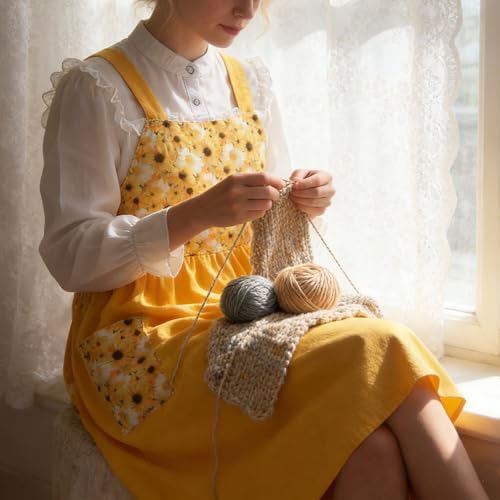 Cotton Linen Apron Cross Back Apron for Women with Pockets Pinafore Dress