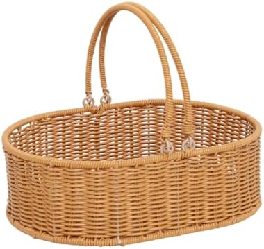 YRMT Small Rattan Basket with Handles, Handwoven Wicker Basket for Garden Harvest, Fruit Picking, Gift Basket, Storage Organizing 13"x9"x4.5" (Rattan)